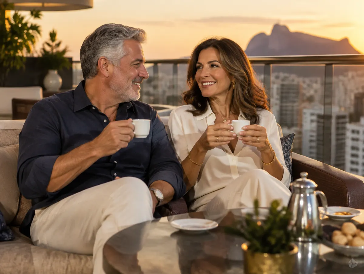 Casal elegante tomando café na varanda de um apartamento
