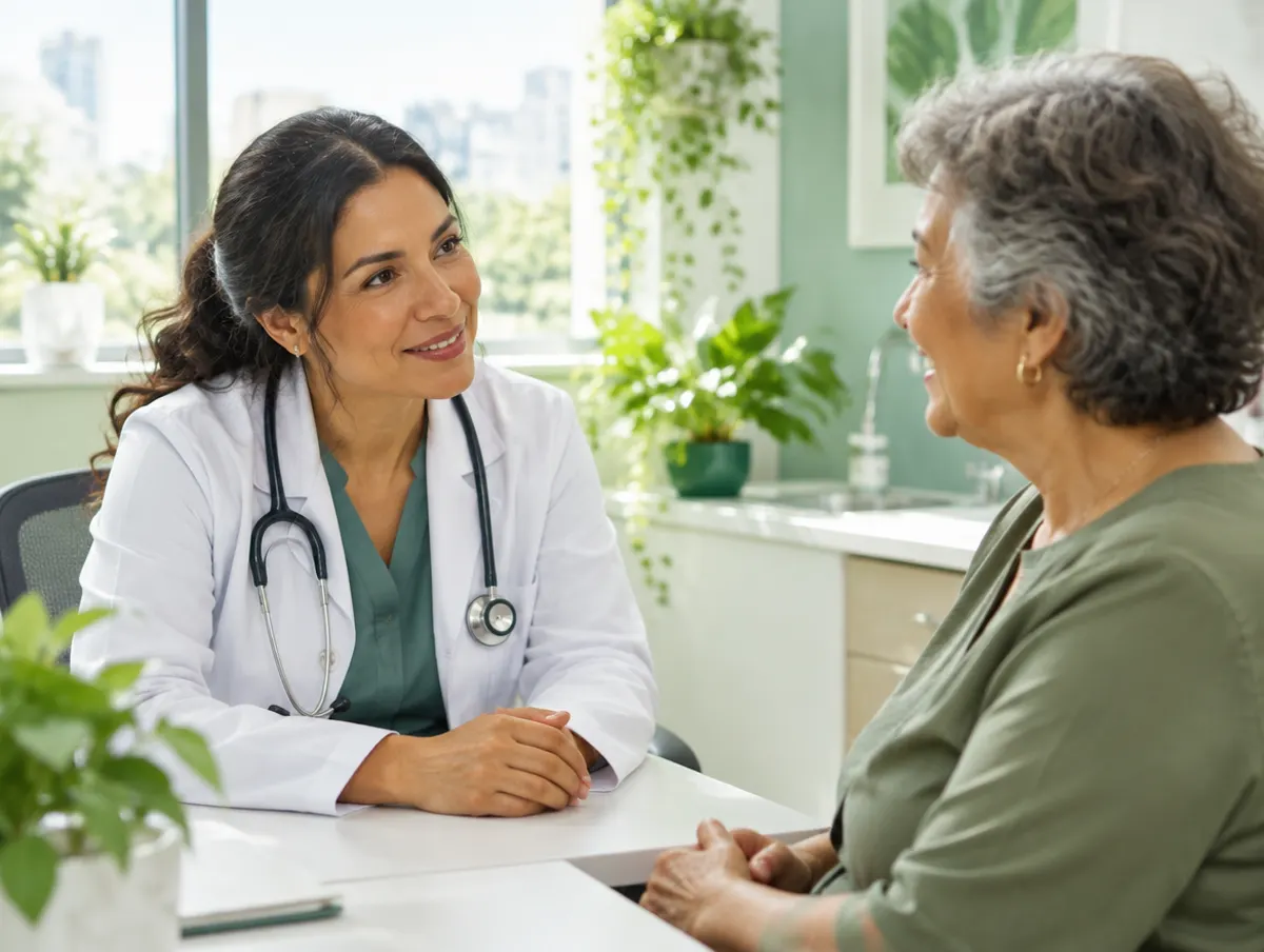 Médica conversando com paciente de cerca de 60 anos em consultório