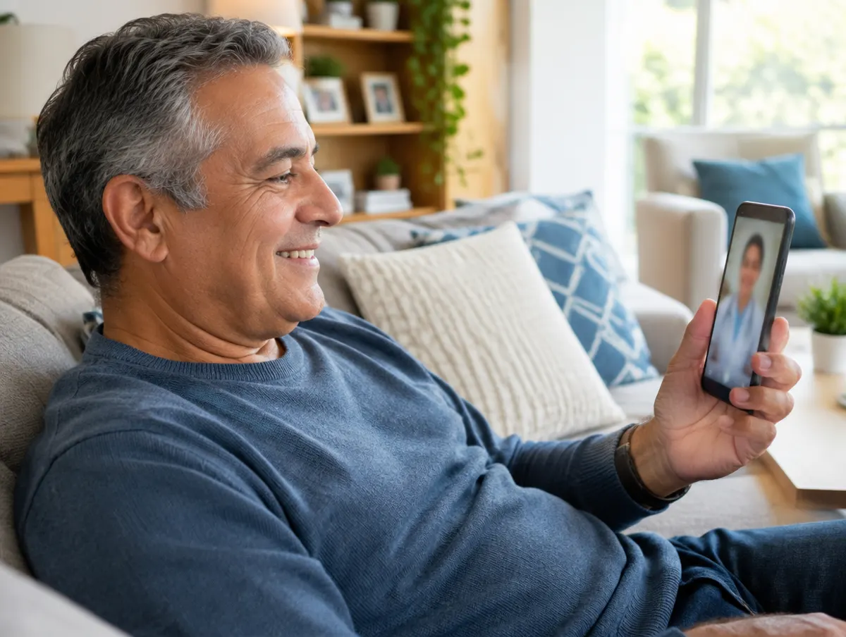 Homem de cerca de 60 anos em teleconsulta pelo celular no sofá de casa