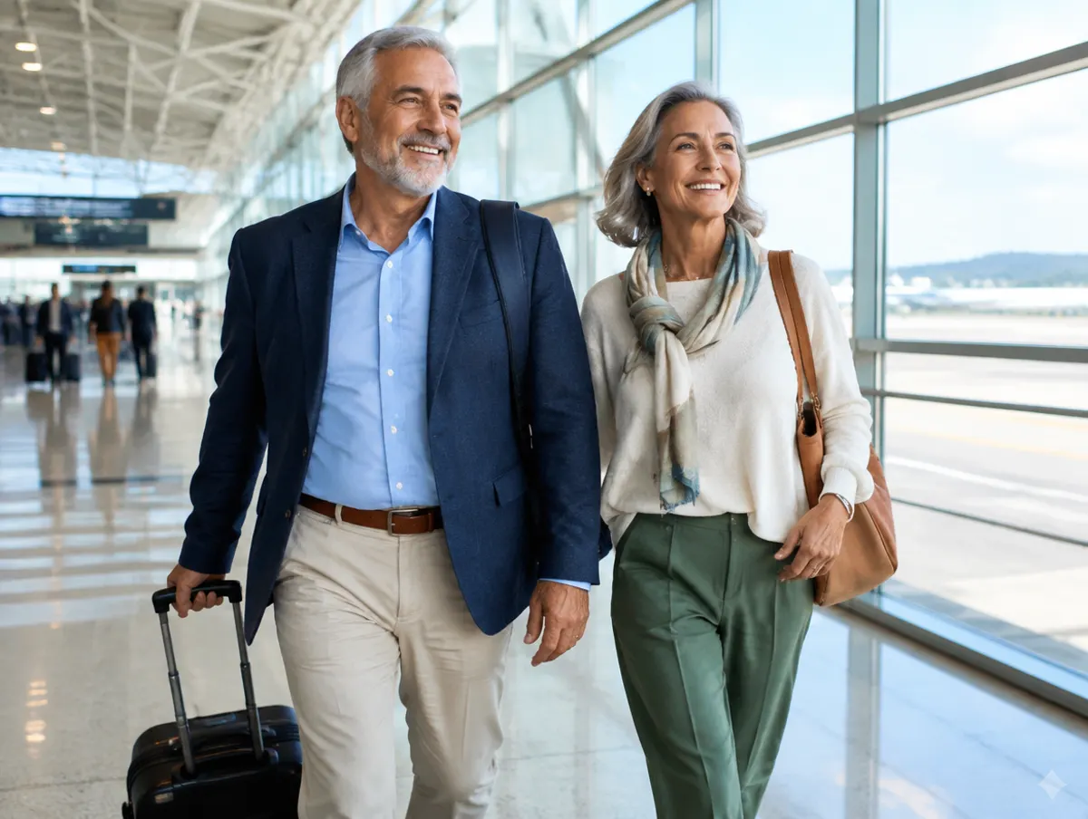 Casal com cerca de 60 anos viajando pelo aeroporto